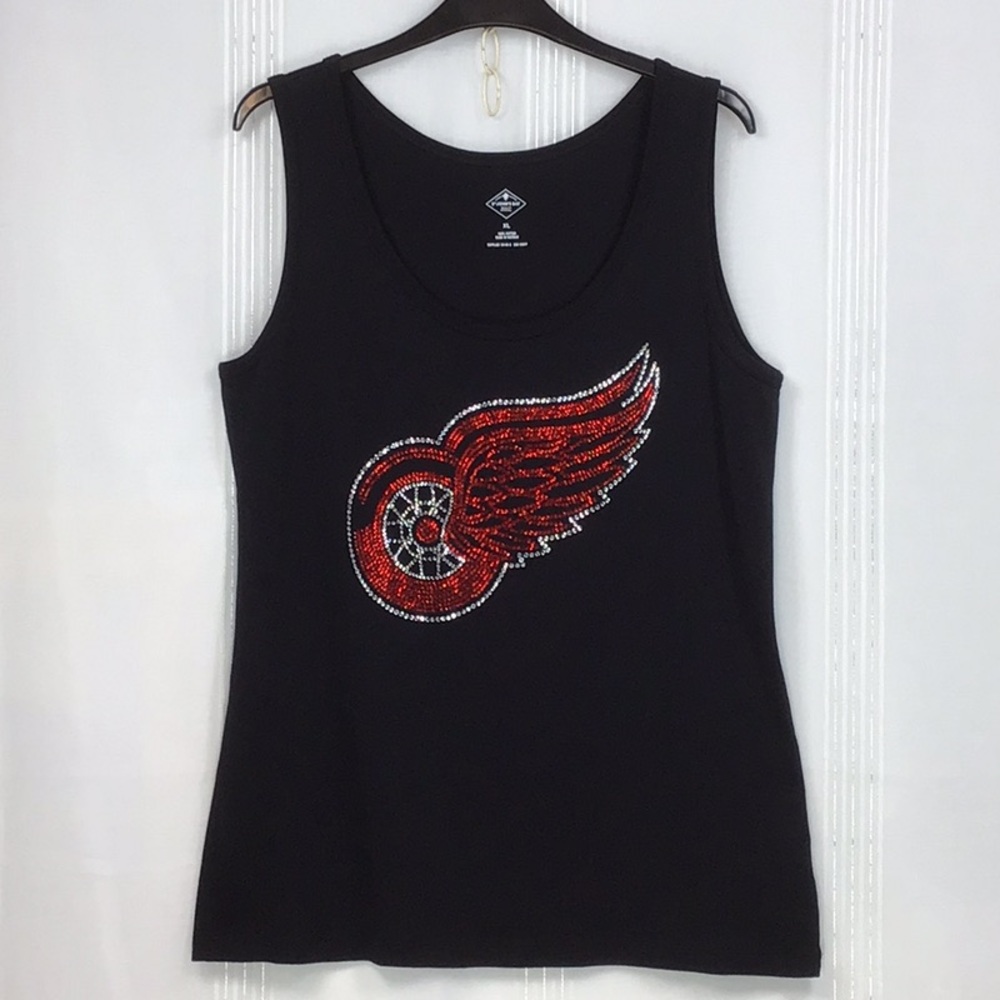 🏒 Detroit Red Wings Rhinestone Logo Black Cotton Tank Top Sz.XL Like New